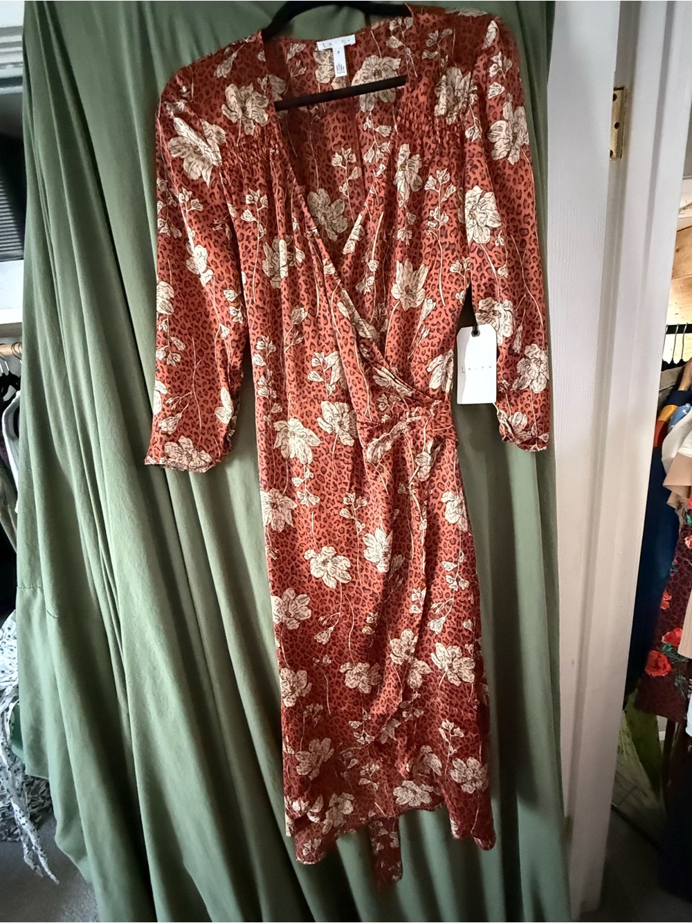 Leith Rust Floral Wrap Midi Dress with Cream Blooms and animal print